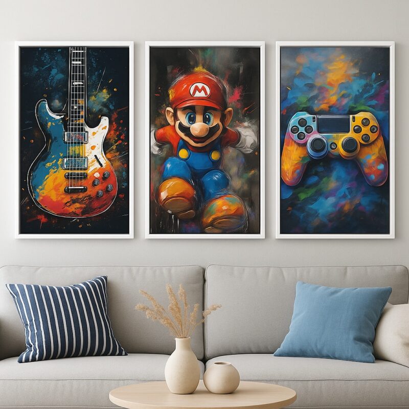 Kit 3 Quadros Canvas Quarto Menino Rock e Gamer
