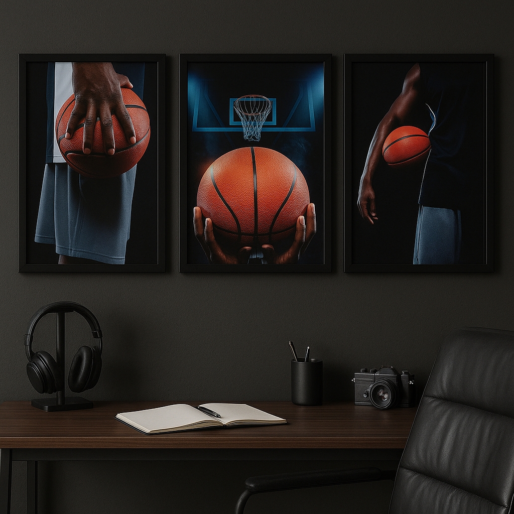 Kit 3 Quadros Decorativos Esporte Basquete