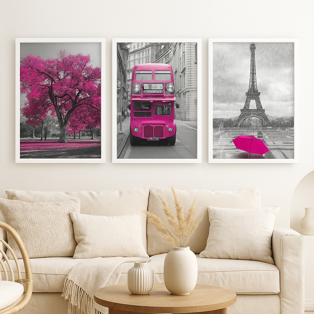 Kit 3 Quadros Fotografias Rosa - Paris Londres Árvore
