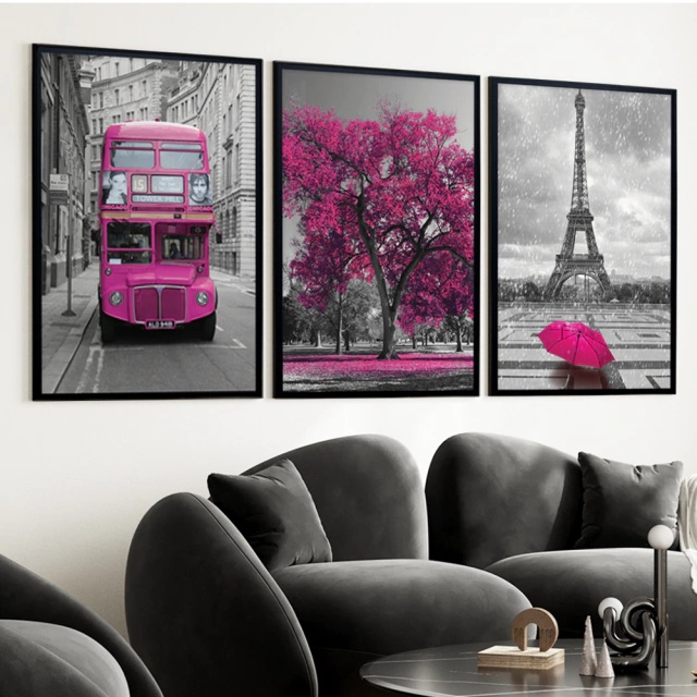 Kit 3 Quadros Fotografias Rosa - Paris Londres Árvore