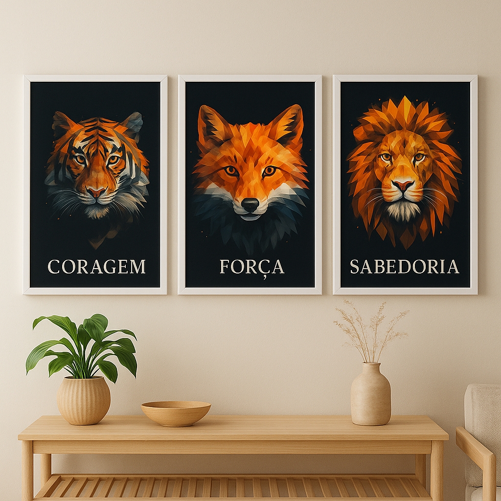 Kit 3 Quadros Motivacionais – Coragem, Força e Sabedoria