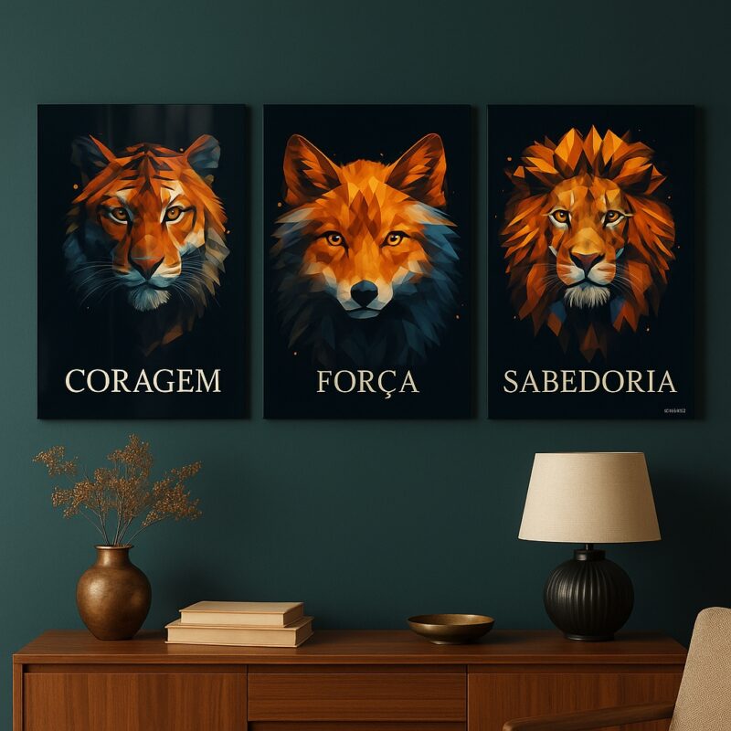 Kit 3 Quadros Motivacionais – Coragem, Força e Sabedoria