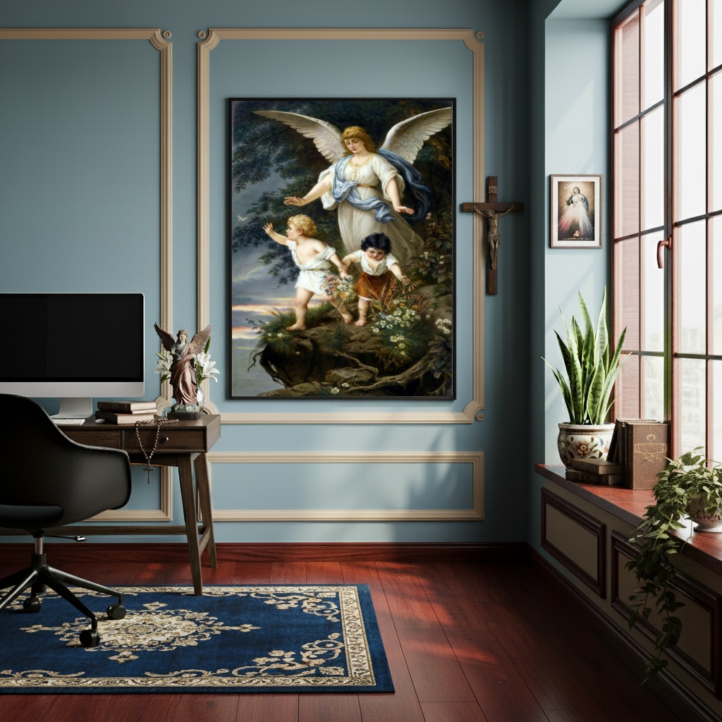 Quadro Anjo da Guarda Protegendo Crianças - 70x50cm