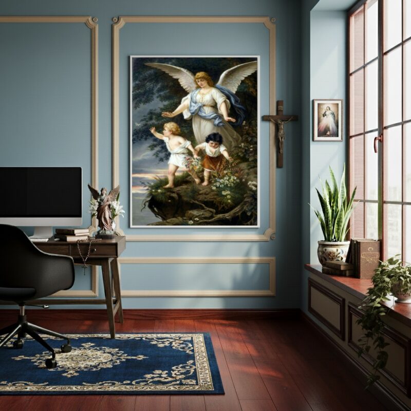 Quadro Anjo da Guarda Protegendo Crianças - 70x50cm