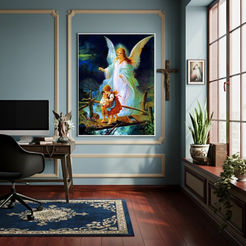 Quadro Anjo da Guarda Protegendo Crianças Ponte - 70x50cm