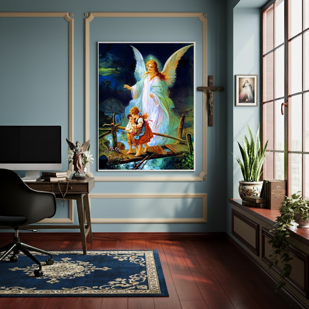 Quadro Anjo da Guarda Protegendo Crianças Ponte - 70x50cm