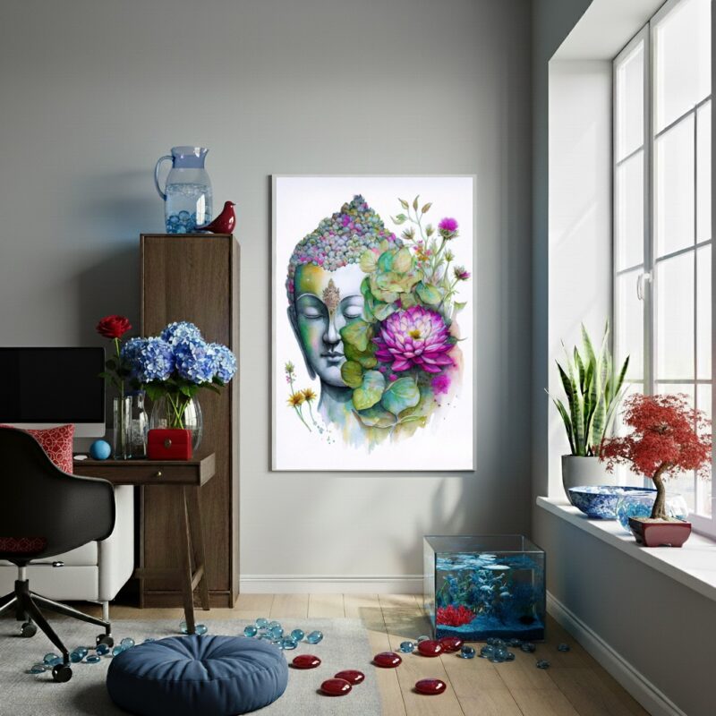 Quadro Aquarela Buda Com Flores - 70x50 cm