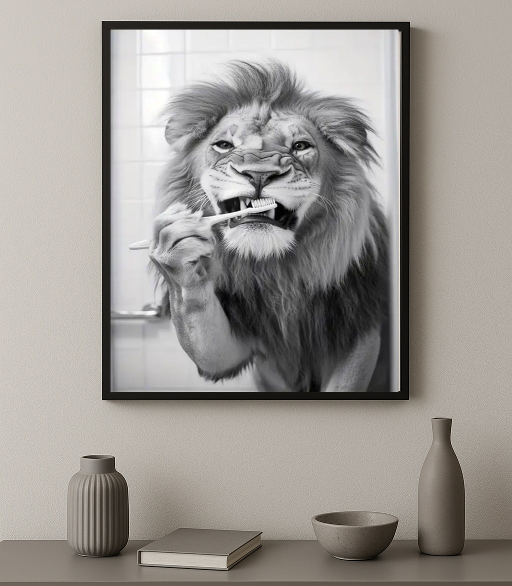 Quadro Banheiro Leão Escovando Dentes