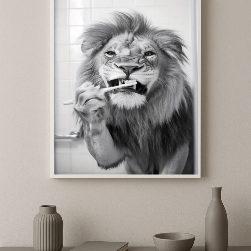 Quadro Banheiro Leão Escovando Dentes