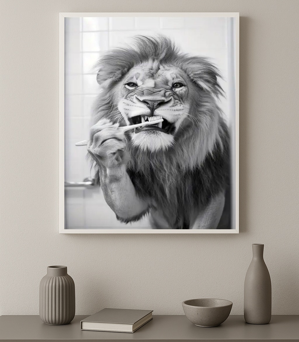 Quadro Banheiro Leão Escovando Dentes