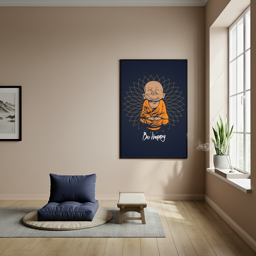 Quadro Buda Baby Meditando - Be Happy - 70x50cm