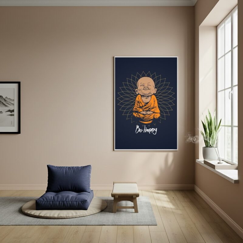 Quadro Buda Baby Meditando - Be Happy - 70x50cm