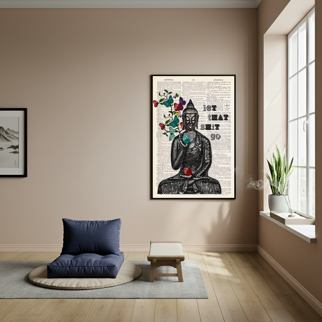 Quadro Buda Em Papel - Let That Shit Go - 70x50cm