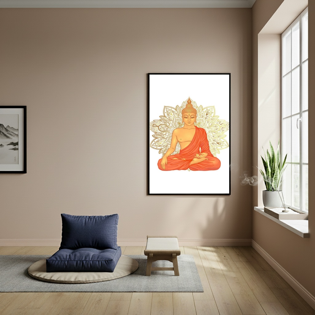 Quadro Buda Meditando Em Tons Alaranjados - 70x50cm