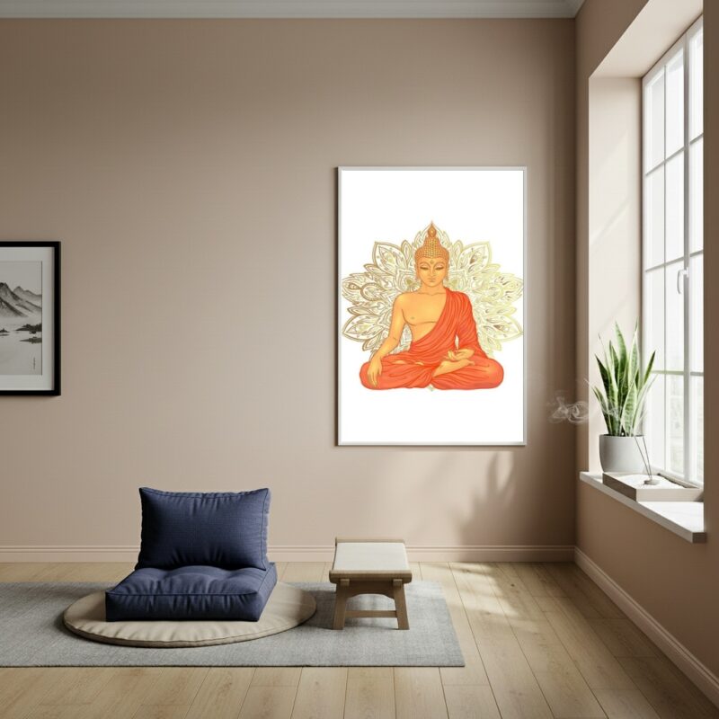 Quadro Buda Meditando Em Tons Alaranjados - 70x50cm