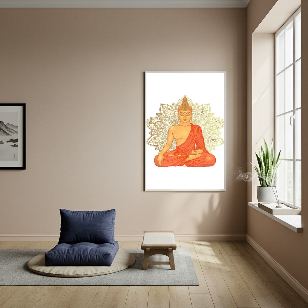 Quadro Buda Meditando Em Tons Alaranjados - 70x50cm