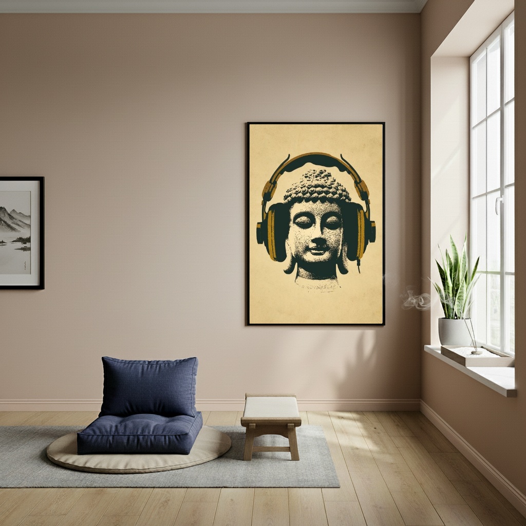 Quadro Buda Moderno de Fone de Ouvido - 70x50cm