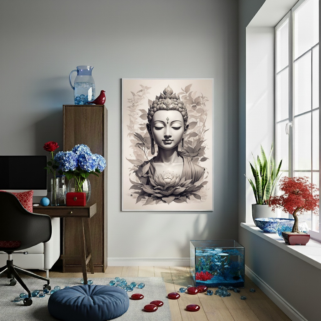 Quadro Buda Tons de Cinza - 70x50 cm