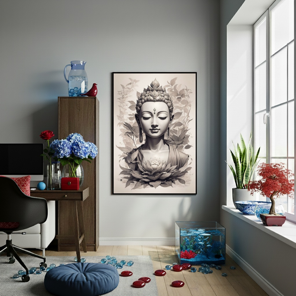 Quadro Buda Tons de Cinza - 70x50 cm