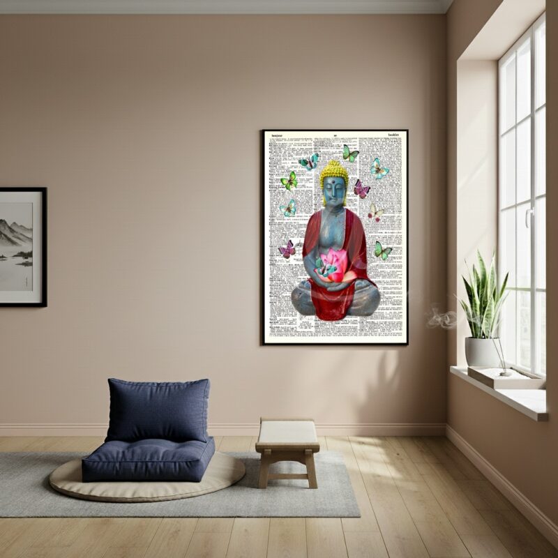 Quadro Buda com Borboletas e uma Flor de Lótus - 70x50cm