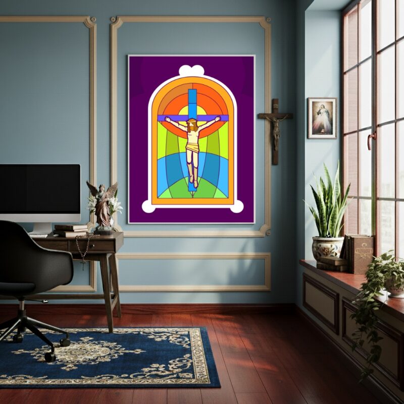 Quadro Crucificação de Jesus Cristo em Estilo Vitral - 70x50cm