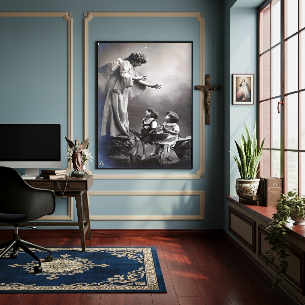 Quadro Decorativo Anjo da Guarda Com Crianças P&B - 70x50cm