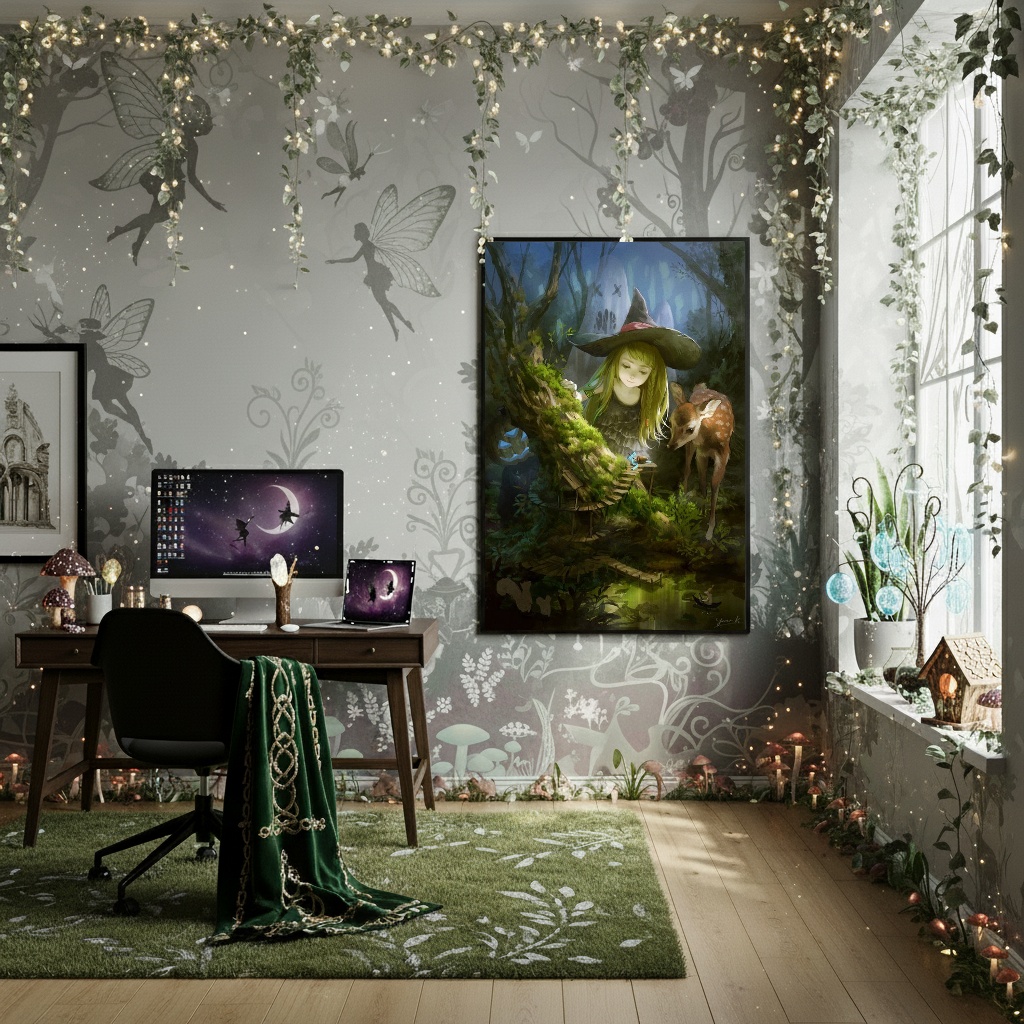 Quadro Decorativo Bruxinha na Floresta Encantada - 70x50cm