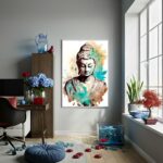 Quadro Decorativo Buda Aquarela Turquesa - 70x50 cm