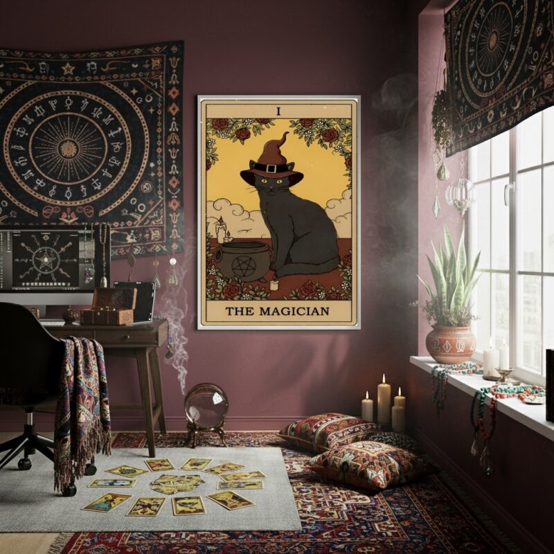 Quadro Decorativo Carta Tarot Gato Preto - 70x50 cm