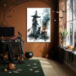 Quadro Decorativo Desenho Bruxa E Gato Preto- 70x50cm