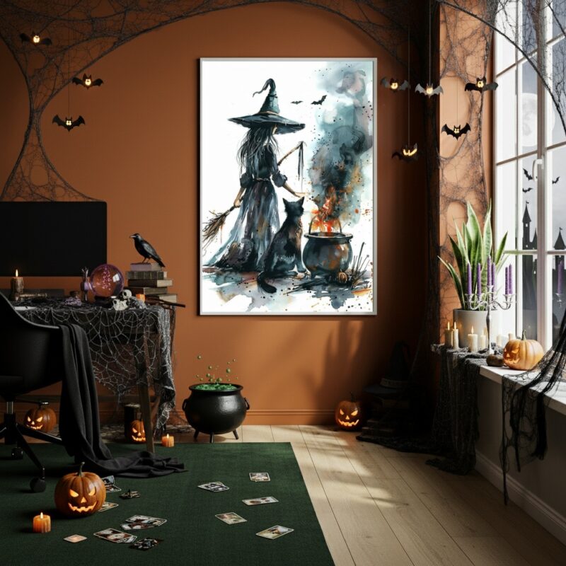 Quadro Decorativo Desenho Bruxa E Gato Preto- 70x50cm
