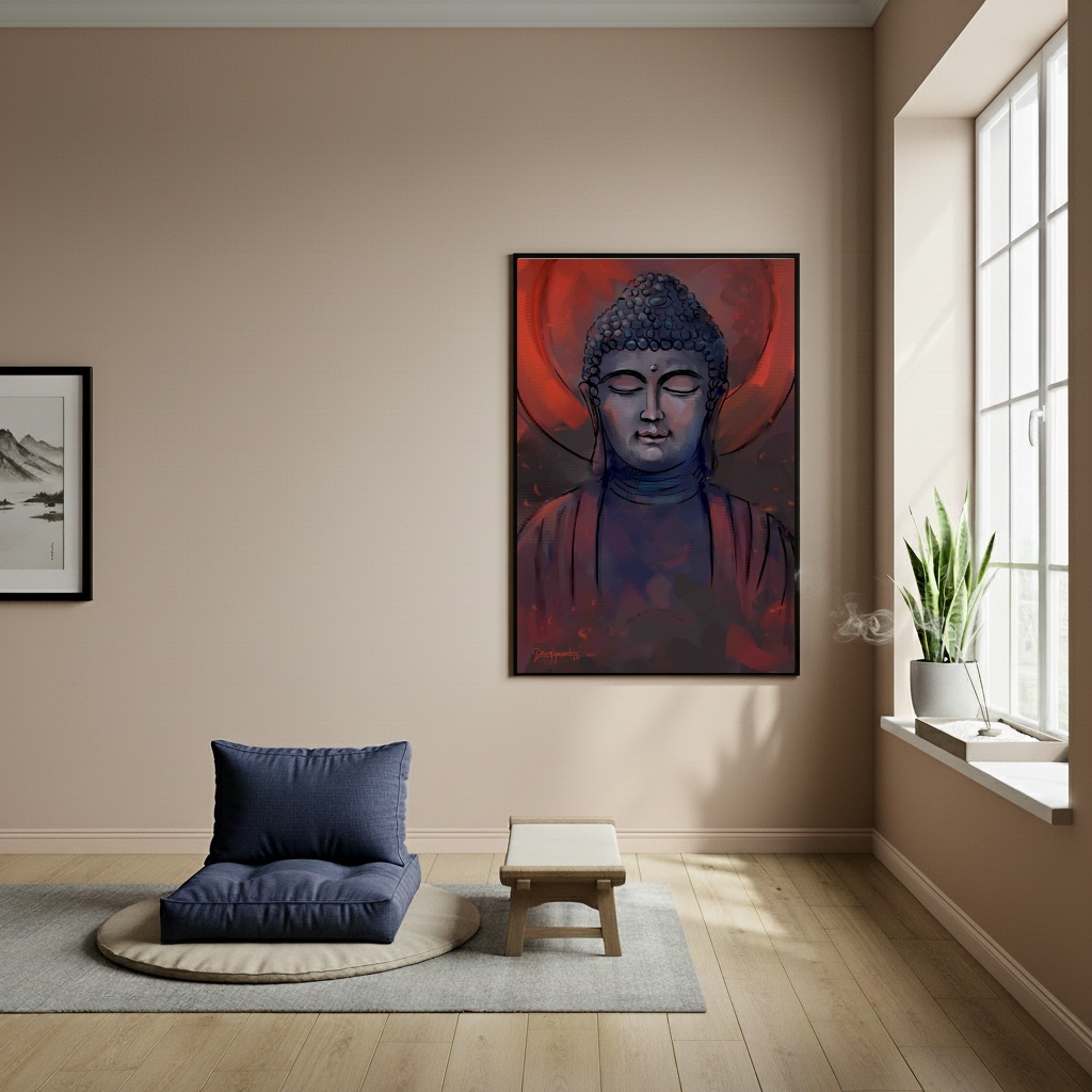 Quadro Decorativo Desenho Buda Tons Escuros - 70x50cm