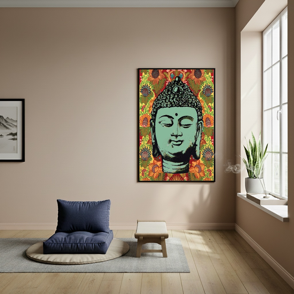 Quadro Decorativo Desenho da Cabeça de Buda - 70x50cm