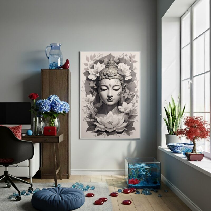 Quadro Decorativo Dourada Buda Cinza - 70x50 cm