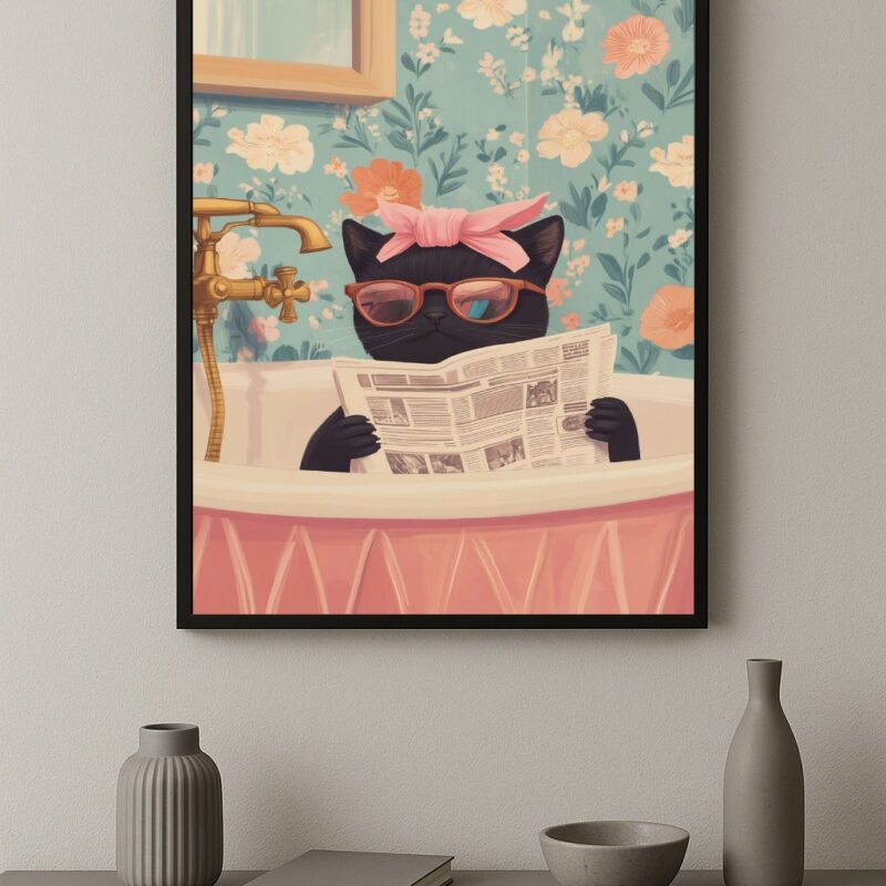 Quadro Decorativo Gatinha No Banho Com Jornal