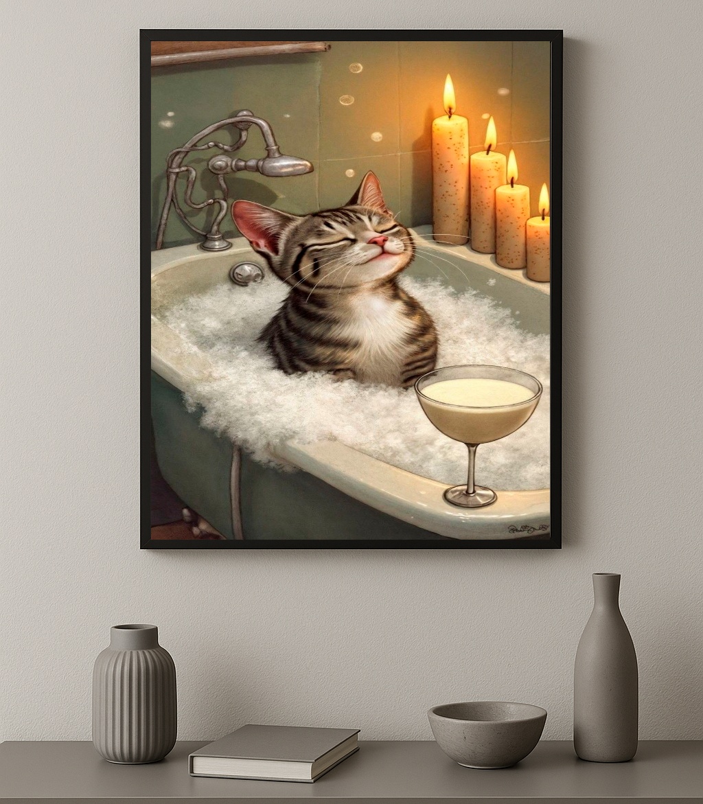 Quadro Decorativo Gatinho No Banho Relaxando