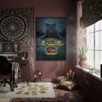 Quadro Decorativo Gato Preto Com Tarot - 70x50 cm