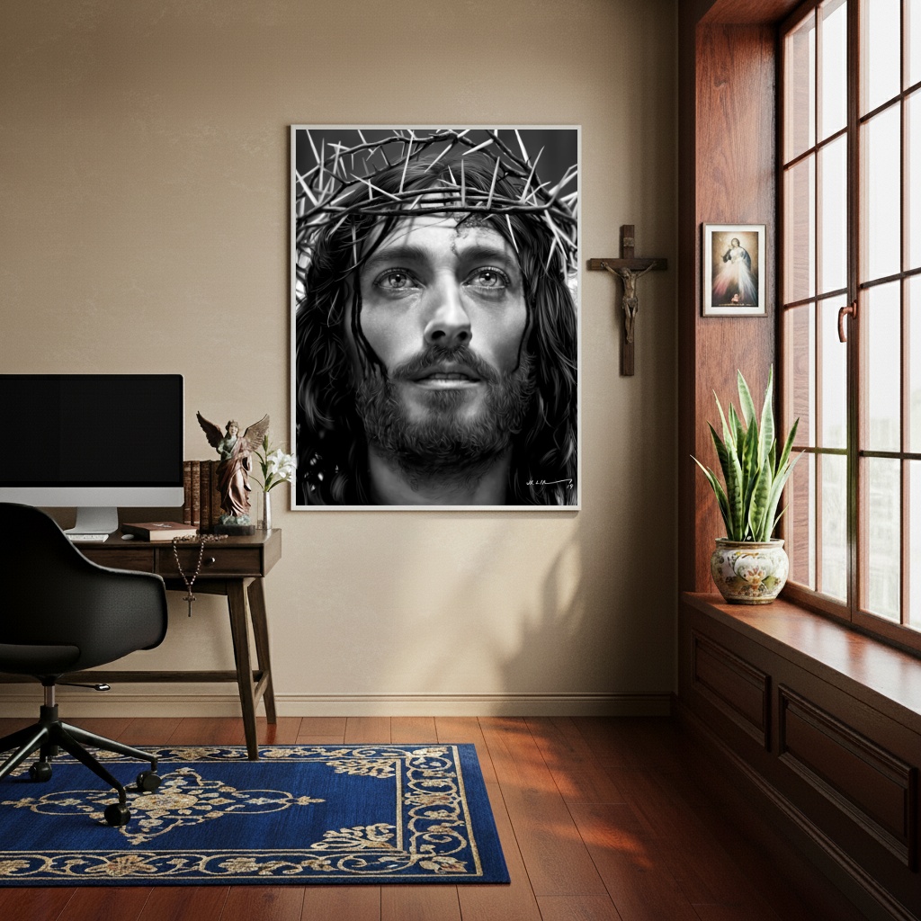 Quadro Decorativo Jesus Cora Espinhos PeB - 70x50 cm