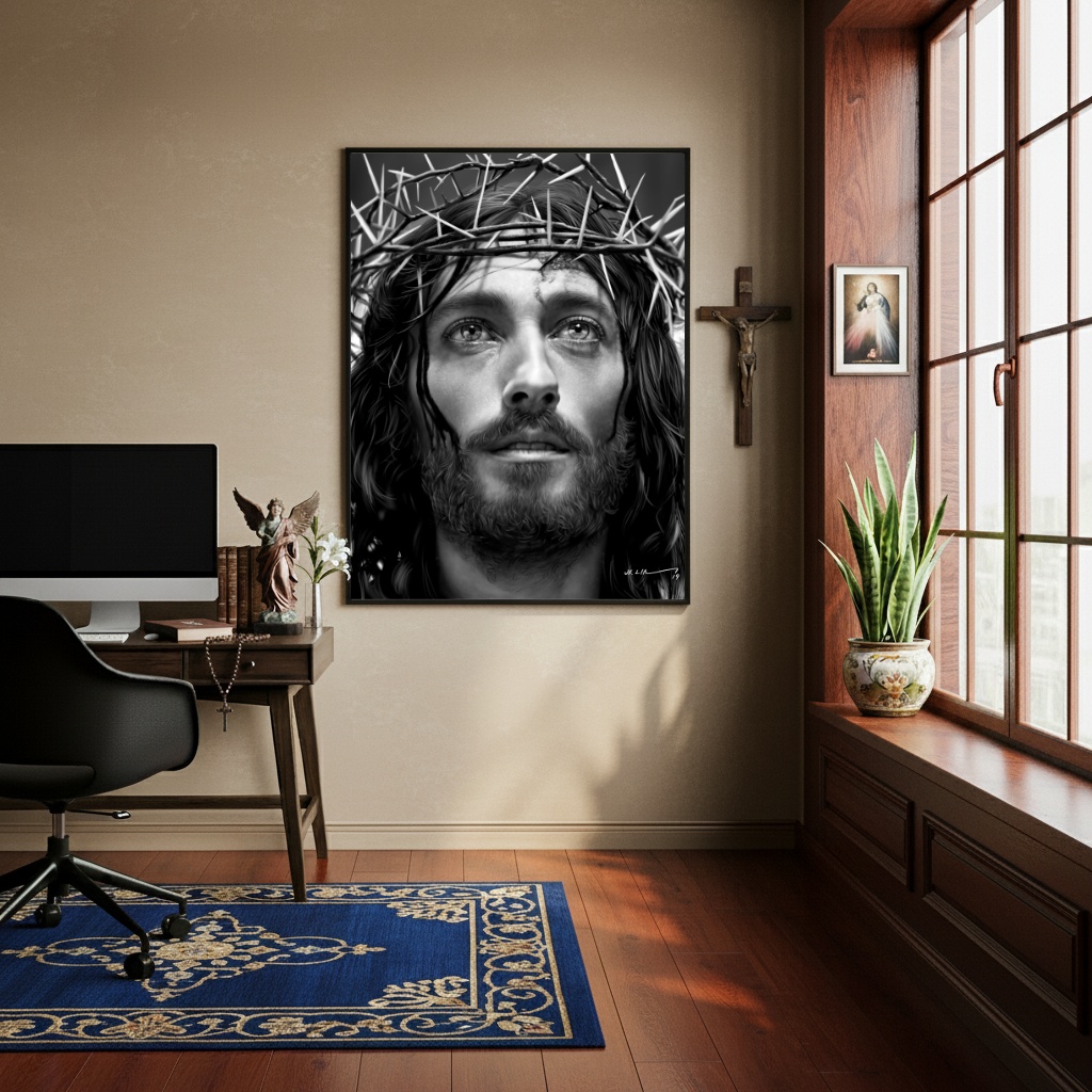 Quadro Decorativo Jesus Cora Espinhos PeB - 70x50 cm