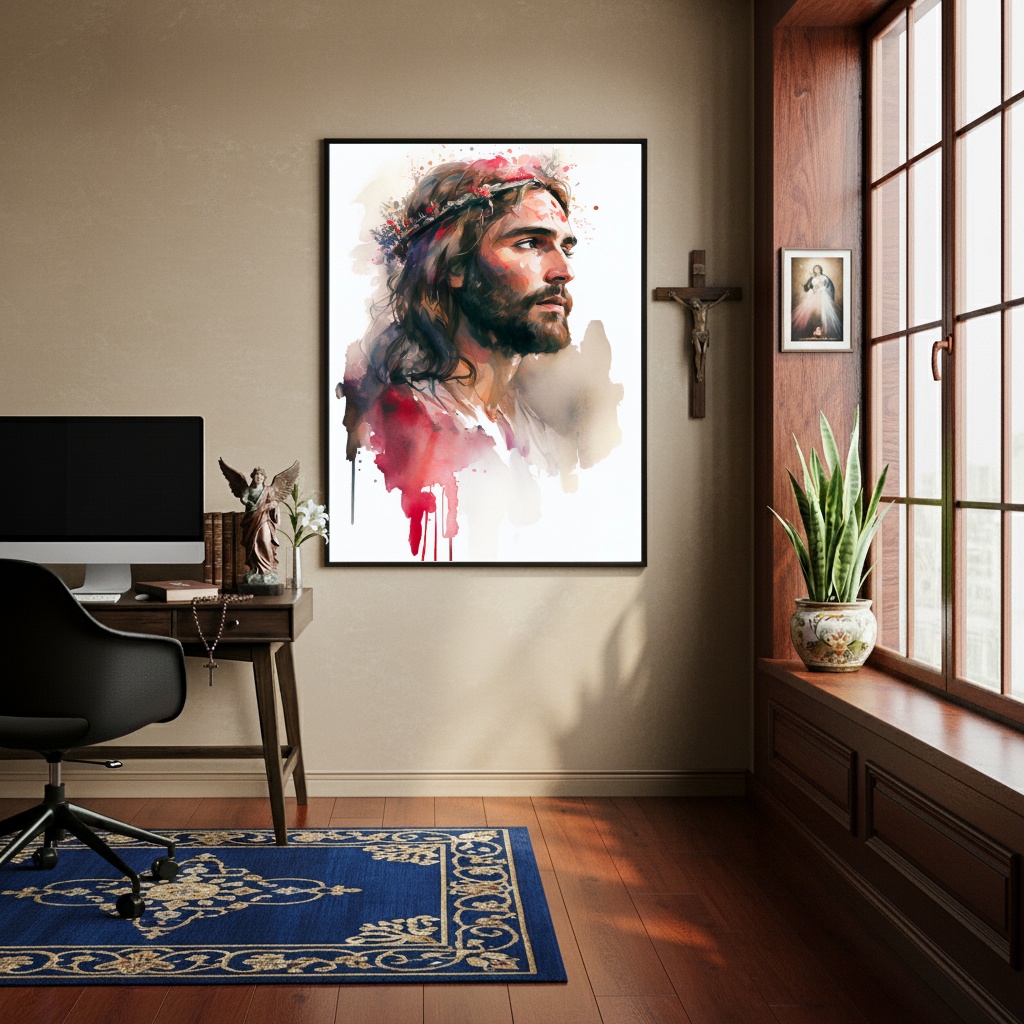 Quadro Decorativo Jesus Cristo Aquarela - 70x50 cm