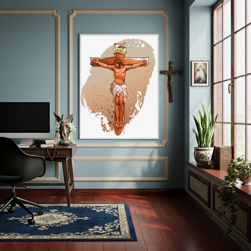 Quadro Decorativo Jesus Cristo Crucificado Aquarela -70x50cm