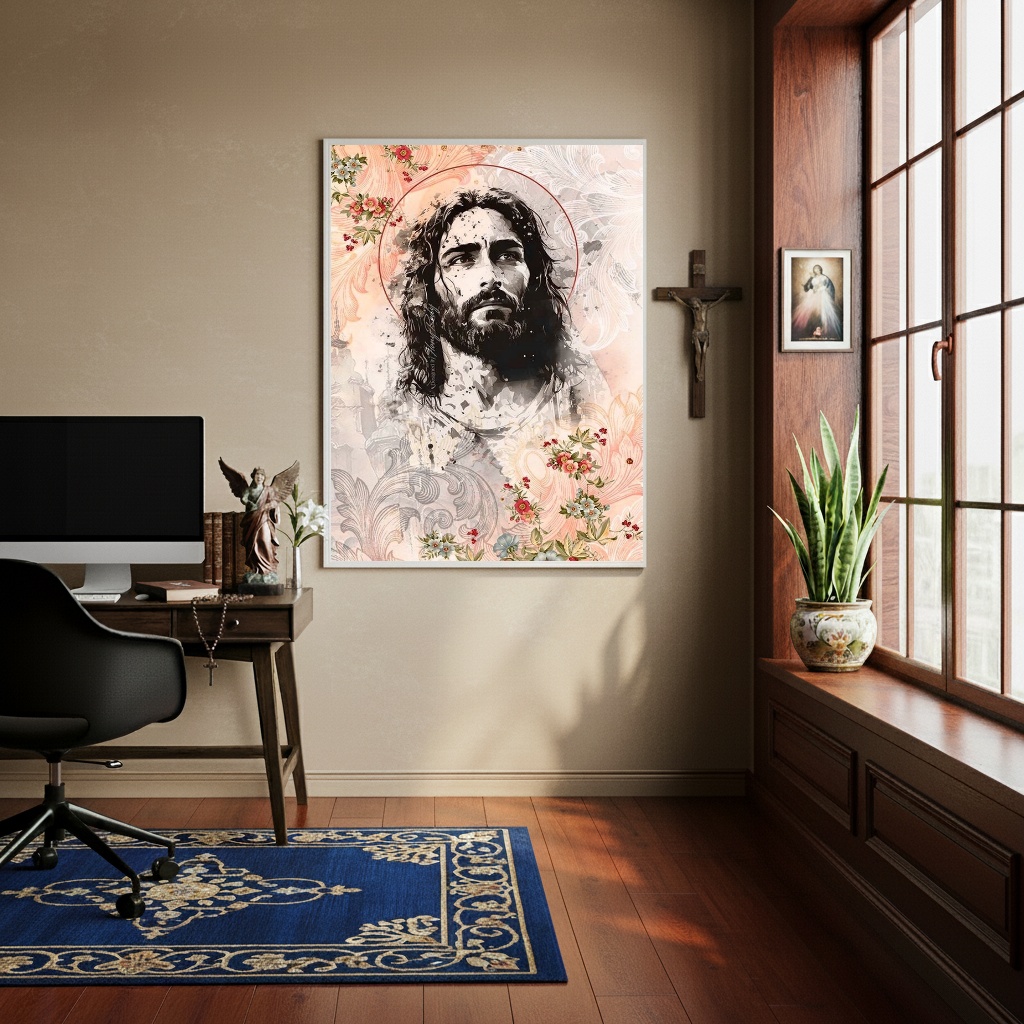 Quadro Decorativo Jesus Cristo Flores - 70x50 cm