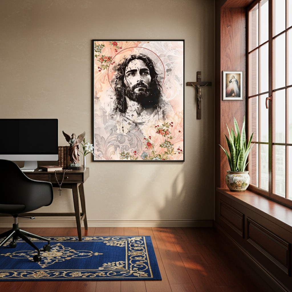 Quadro Decorativo Jesus Cristo Flores - 70x50 cm