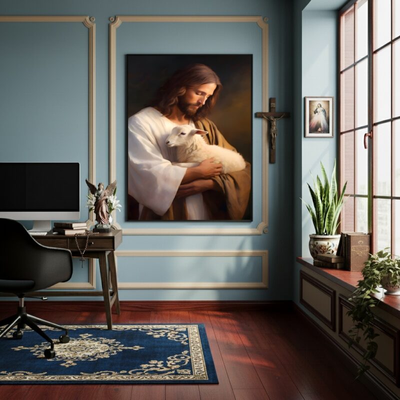 Quadro Decorativo Jesus Segurando A Ovelha - 70x50 cm