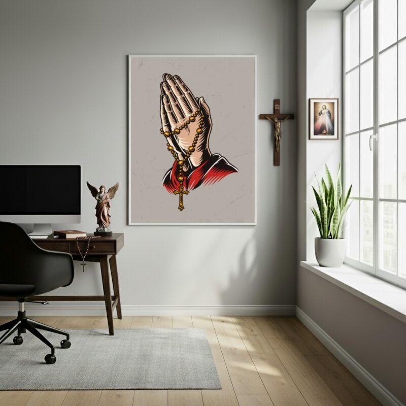 Quadro Decorativo Mãos Com Terço - 70x50 cm