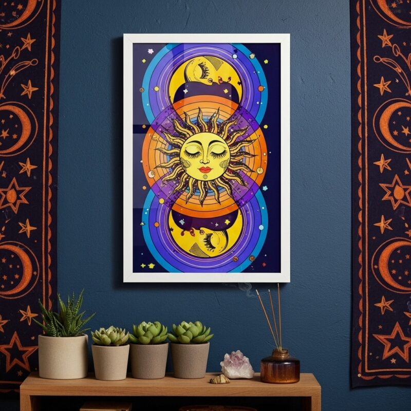 Quadro Decorativo Místico Sol e Lua - 70x50 cm