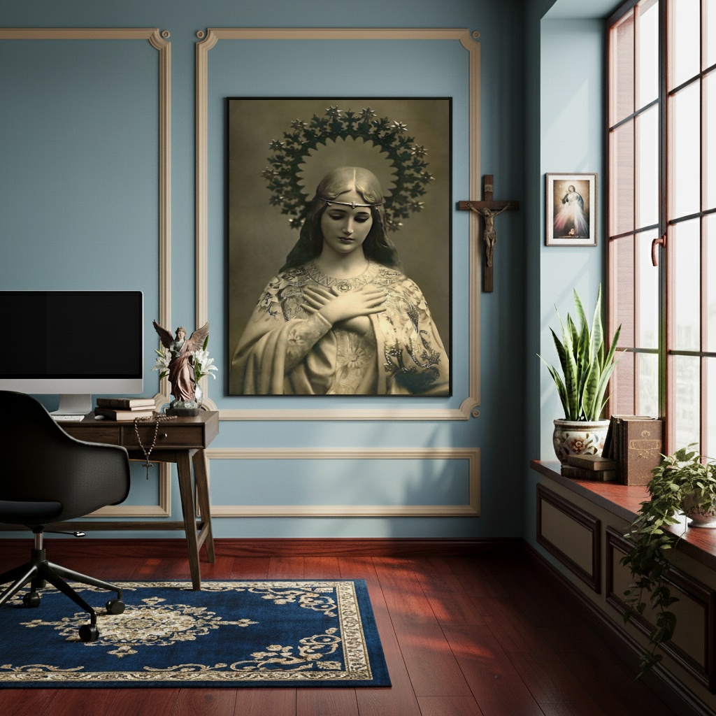 Quadro Decorativo Virgem Maria em Tons de Sépia - 70x50cm