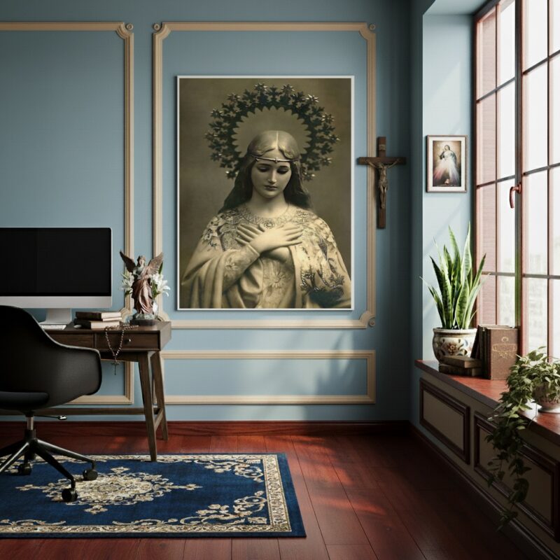 Quadro Decorativo Virgem Maria em Tons de Sépia - 70x50cm
