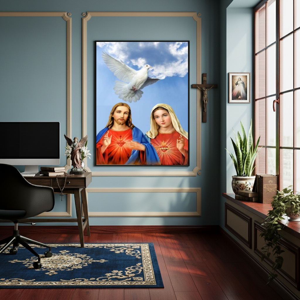 Quadro Devoção Sagrados Corações de Jesus e Maria - 70x50cm