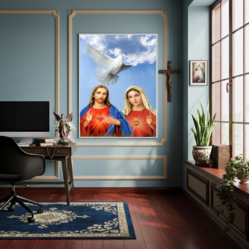 Quadro Devoção Sagrados Corações de Jesus e Maria - 70x50cm